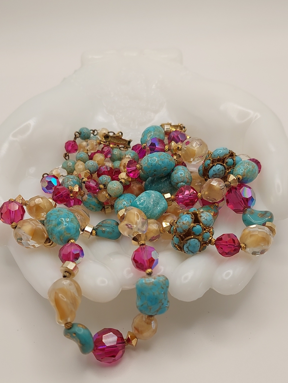 HATTIE CARNEGIE 3-Strand Vtg Blue Ceramic, AB Fuchsia Glass Choker Necklace MCM - Picture 16 of 16